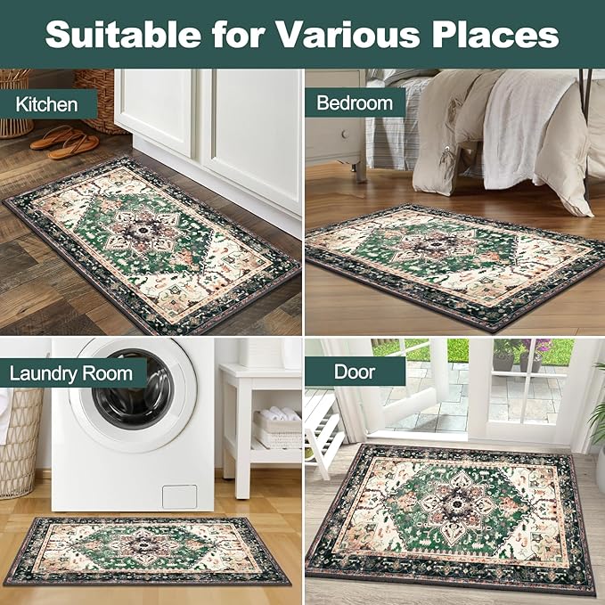 Yamaziot Washable Area Rug, 2x3 Small Entryway Rug Non-Slip Boho Vintage Rug with Rubber Backing, Low Pile Faux Wool Soft Distressed Floor Carpet for Indoor Door Mat, Kitchen, Laundry Bathroom