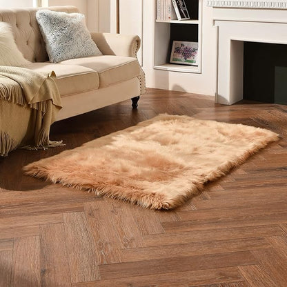 duduta Beige Faux Sheepskin Fur Rug 3x5 ft, Fluffy Shag Bedroom Dorm Nursery Playroom Carpet Rug Non Slip Washable