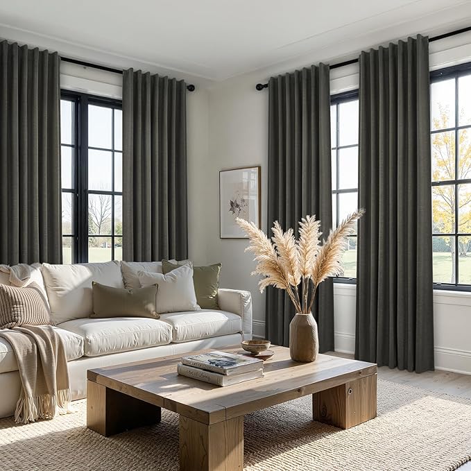 Grey Linen Black Out Curtains 96 Inches Long 2 Panels Set for Sliding Glass Doors Modern Cottage Room Darkening Pleat Dark Gray Aesthetic Drapes Soundproof Privacy 8 FT Window Curtain for Office Burg