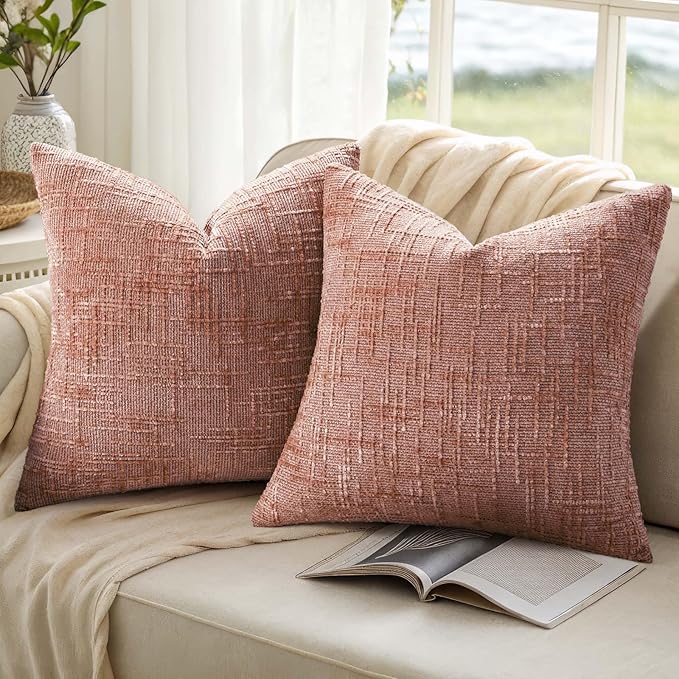 decorUhome Summer Pink Chenille Throw Pillow Covers 20x20 Set of 2 Textured Soft Cozy Slubby Couch Pillow Covers Modern Farmhouse Boho Decorative Pillow Cases for Bed Sofa Living Room