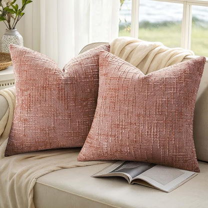 decorUhome Summer Pink Chenille Throw Pillow Covers 16x16 Set of 2 Textured Soft Cozy Slubby Couch Pillow Covers Modern Farmhouse Boho Decorative Pillow Cases for Bed Sofa Living Room