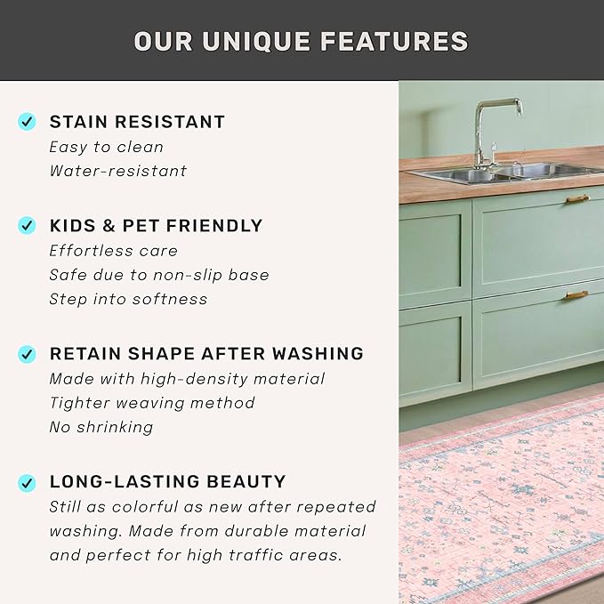 Washable Pink and Blue 7x9 Boho Rugs for Bedroom Girls, Living Room Kids Playroom Nursery Room, Modern Floral Distressed Design, Soft Low Pile Non Slip Stain Resistance Carpet