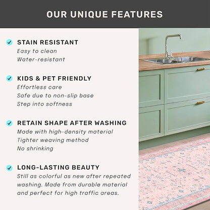 Washable Pink and Blue 6x8 Boho Rugs for Bedroom Girls, Living Room Kids Playroom Nursery Room, Modern Floral Distressed Design, Soft Low Pile Non Slip Stain Resistance Carpet