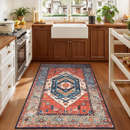 SERISSA Boho Area Rugs for Entryway, 3x4 Washable Non-Slip Kitchen Rug, Ultra Soft Print Distressed Rust Rug Low-Pile Throw Door Mat Indoor Entrance Carpet for Bedroom Living Room Dorm Decor