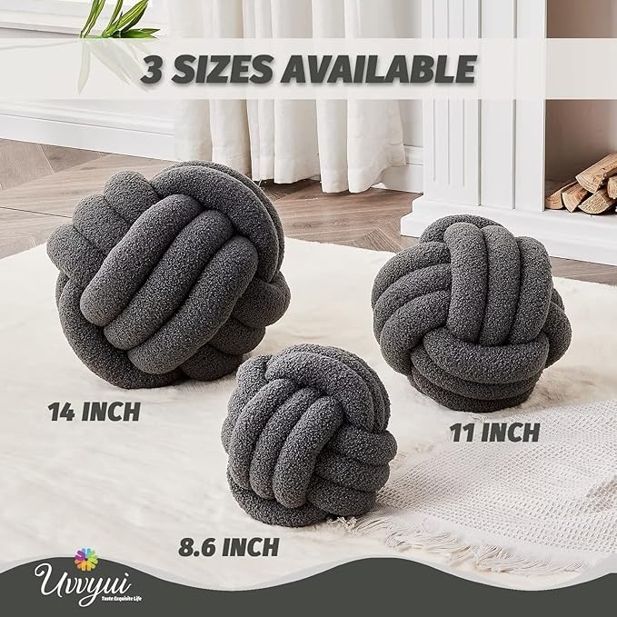 Uvvyui Knot Pillow Ball, Soft Home Decorative Pillows, Round Throw Pillow, Handmade Knotted Plush Pillow, Round Boucle Pillow Cushion (14 Inches Dark Gray)