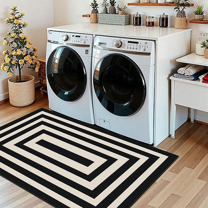 3x5 Modern Entry Rug - Small Washable Indoor Outdoor Mats for Front Door Non-Slip Porch Rug Black White Geometric Striped Throw Rugs for Living Room Bedroom Entryway Kitchen Office Porch Decor