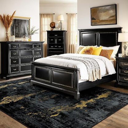 Washable Area Rugs 8'x10' Non-Slip Modern Abstract Soft for Living Room Entryway Bedroom Nursery, Print Pattern, Dark Black Gold