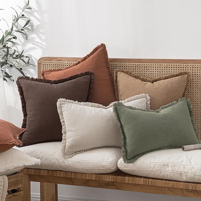 MIULEE Decorative Throw Pillow Covers Neutral Linen Fringe Throw Pillows Euro Shams Set of 2 Dark Brown Boho Farmhouse Cushion Covers for Couch Sofa Bed Living Room Spring Home Decor 26x26 Inch