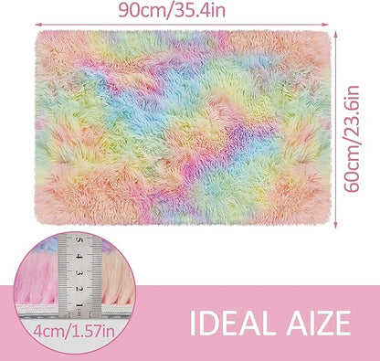 Small Fluffy Rainbow Colorful Area Rug for Girls Bedroom 2x3 Mini Kawaii Tie Dye Rug Fuzzy Unicorn Throw Rug for Living Room Kids Nursery Baby Princess Room Home Decor Aesthetic Carpets