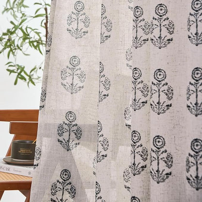 jinchan Linen Floral Curtains for Living Room 84 Inch Length Black Flower Cottage Core Farmhouse Curtains Rod Pocket Back Tab Boho Semi Sheer Window Drapes Bedroom Set 2 Panels Black on Beige