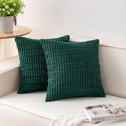 Pack of 2 Christmas Green Corduroy Decorative Throw Pillow Covers 20x20 Inch Soft Striped Pillow Covers Modern Farmhouse Home Decor for Sofa Living Room Couch Bed（Blackish Green）