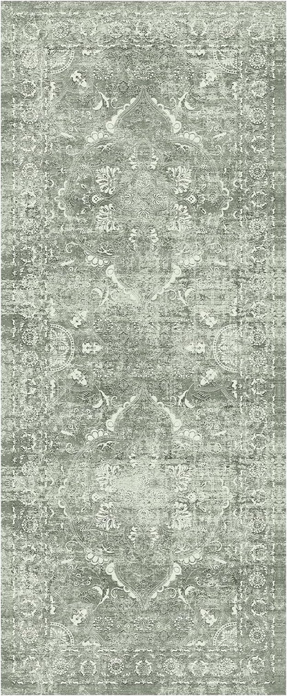 Washable 3x14 Runner Rug - Non-Slip Vintage Rug for Entryway Low-Pile Medallion Long Rugs for Hallway Waterproof Traditional Runner Rug Indoor Thin Rug for Kitchen (Muted Sage Green)