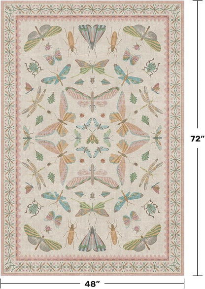 Hazo Haus Neutral Girl Nursery Rug 4x6 - Beige & Pink Rugs for Bedroom, Living Room - Washable Low Pile Non-Slip Charming Insect Print Vintage Girly Design, Perfect for Kids Rooms