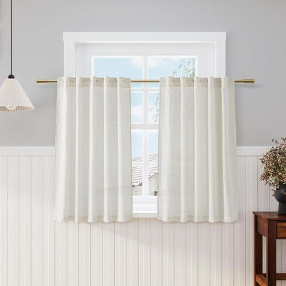Nanspring Cream Cafe Curtains 45 Inch Length Set 2 Panel Back Tab Pocket Semi Sheer Short Linen Cream Curtain Tiers for Small Bathroom Window Basement 38x45