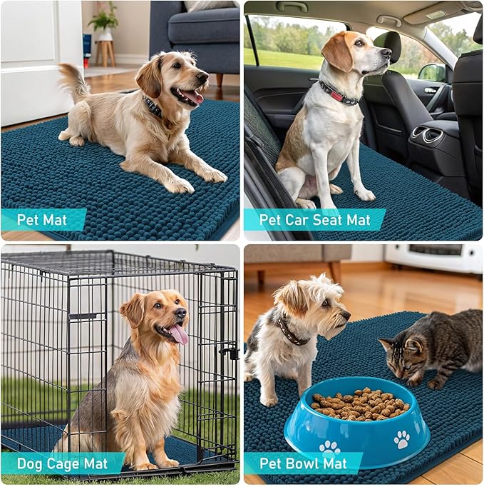 OLANLY Dog Door Mat for Muddy Paws 24x16, Absorbs Moisture and Dirt, Absorbent Non-Slip Washable Doormat, Quick Dry Chenille Mud Mat, Entry Indoor Entryway Carpet for Inside Floor, Atlantic Blue