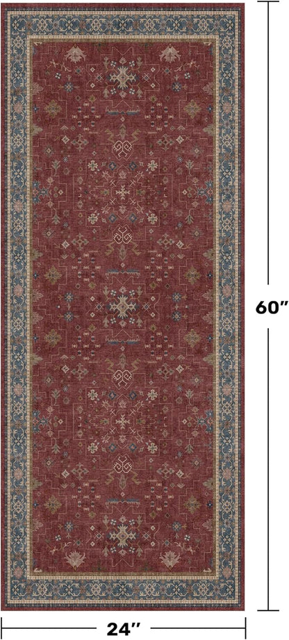Boho 2x5 Small Kitchen Runners Rugs Non Slip - Washable Soft Area Rugs for Bedroom, Floral Non Skid Runner Carpet for Bathroom, Laundry Room, Hallway, Entryway (Dark Red)