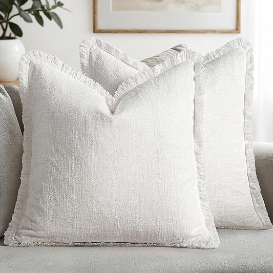 MIULEE Decorative Throw Pillow Covers Neutral Linen Fringe Throw Pillows Euro Shams Set of 2 White Boho Farmhouse Cushion Covers for Couch Sofa Bed Living Room Spring Home Decor 26x26 Inch