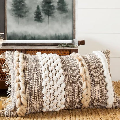Decorative Boho-Chic Lumbar Pillow Cover 12x20 Premium Handwoven Tufted Cotton &Wool Accent Pillows, Earthy Color Throw Cushion, Farmhouse & Bohemian Home Decor (Limited Edition Cover Only)