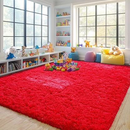 Pionblank 8x10 Rug for Living Room, Fuzzy Plush Large Area Rug, Fluffy Modern Shag Non Slip Soft Furry Carpet for Bedroom Kids Room Nursery Teens Dorm Home Decor, Red