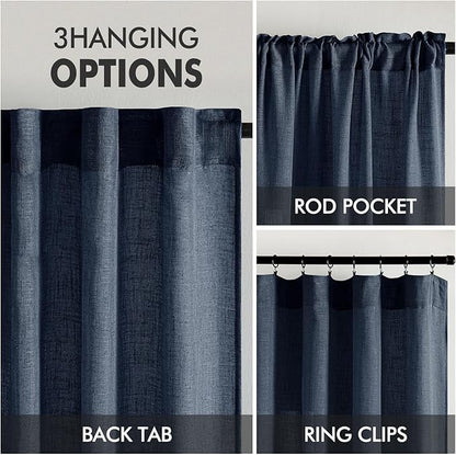 MIULEE Navy Blue Linen Curtains 90 Inch Length 2 Panels for Bedroom Living Room, Soft Thick Linen Textured Natural Window Drapes Semi Sheer Light Filtering Back Tab Rod Pocket Burlap Look Decor