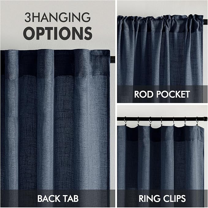 MIULEE Navy Blue Linen Curtains 108 Inch Length 2 Panels for Bedroom Living Room, Soft Thick Linen Textured Natural Window Drapes Semi Sheer Light Filtering Back Tab Rod Pocket Burlap Look Decor