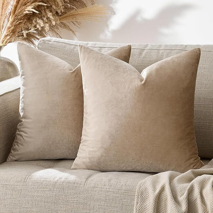 GIGIZAZA Decorative Throw Pillow Covers 18x18,Set of 2 Taupe Square Couch Pillow Covers,Velvet Sofa Boho Cushion Pillows