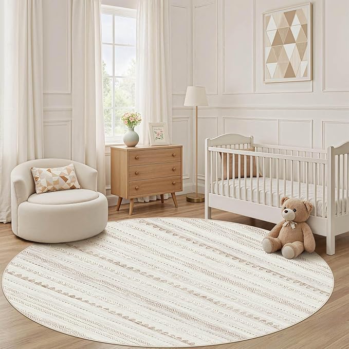 Nakagishi Round Rug Boho Area Rugs: 6x6 Washable Large Circle Neutral Soft Stain Resistant Non-Slip Carpet for Women Aged 25-45 Farmhouse Decor Enthusiasts - Living Room Bedroom Dining Room Nursery