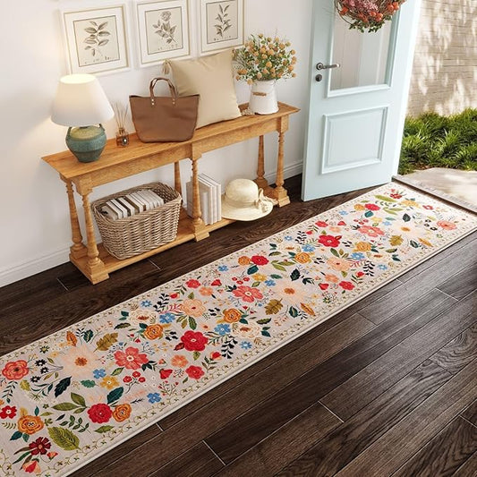 Rugcomf Long Hallway Runner Rug 2'7"x14' - Floral Washable Non Slip Boho Carpet for Kitchen, Entryway, Hall, Bathroom - Beige