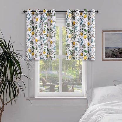 Topfinel White Blackout Tiers 36 Inch Length Curtains Classical Watercolor Botanical Floral Hummingbird Grommet Half Window Treatment, for Rv Kitchen Cafe Basement Bathroom Dinning Room, 2 Panels