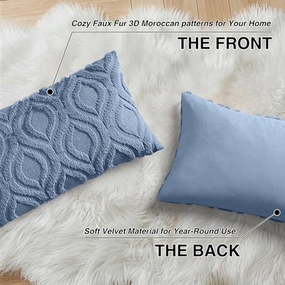 decorUhome Throw Pillow Covers 12x20 Inch Set of 2, Soft Plush Faux Wool Dusty Blue Solid Couch Pillow Covers, Accent Farmhouse Neutral Rectangle Pillow Cases for Sofa Bed Living Room