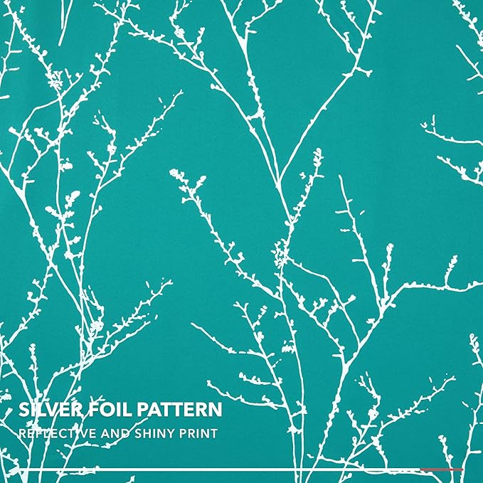 Deconovo Blackout Grommet Silver Pattern Printed Curtains, Turquoise/Silver Tree Branch, 52W x 95L