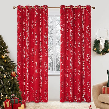 Deconovo Christmas Red Curtains, Blackout Drapes, Soundproof Curtain, Silver Print, 52 x 95 Inch Long, 2 Panels, Machine Washable Window Panel for Living Room Bedroom Festival Party Decoration Kitchen