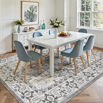 Lofus 8x10 Area Rugs for Living Room, Washable Area Rug, Rugs for Bedroom, Kitchen, Vintage Boho Carpet, Soft Non-Slip, Low Pile Large Area Rug for Office Dining Room, Floral Grey