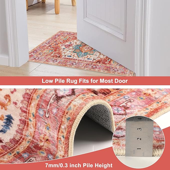 Yamaziot Washable Area Rug, 2x3 Small Entryway Rug Non-Slip Boho Vintage Rug with Rubber Backing, Low Pile Faux Wool Distressed Floor Carpet for Indoor Door Mat, Kitchen, Laundry (Pink)