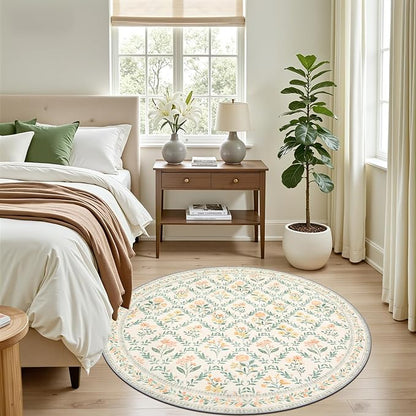 Round Area Rug for Living Room: 4 ft Floral Washable Circle Rug Soft Non-Slip Carpet Indoor Stain Resistant Low Pile Small Circular Rug for Bedroom Entryway Kitchen Nursery Home Office Beige/Multi