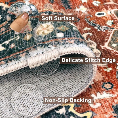 Yamaziot Washable Runner Rug, 3x6 Non-Slip Boho Vintage Hallway Rug with Rubber Backing, Low Pile Faux Wool Distressed Carpet Runner for Bedroom, Kitchen, Laundry, Entrance