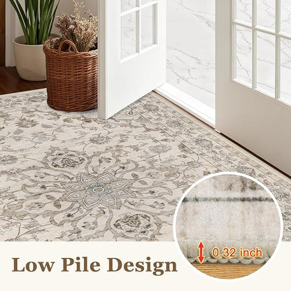 Area Rugs 10x12 Living Room Rug: Washable Rug Soft Vintage Distressed Floral Carpet Indoor Non-Slip Stain Resistant Large Carpets for Bedroom Dining Room Farmhouse Nursery Home Office Brown Beige