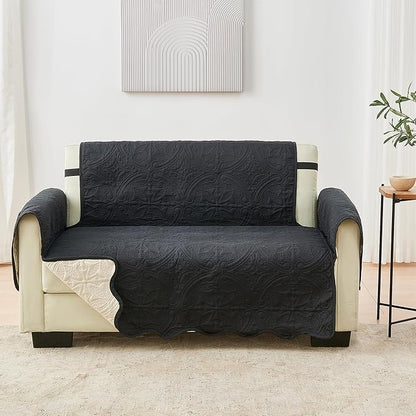 Great Bay Home Reversible Loveseat Cover - Washable Slipcover Furniture Protector with Elastic Straps - Perfect for Kids & Pets - Quilted & Stitched Detail (Black/Taupe)