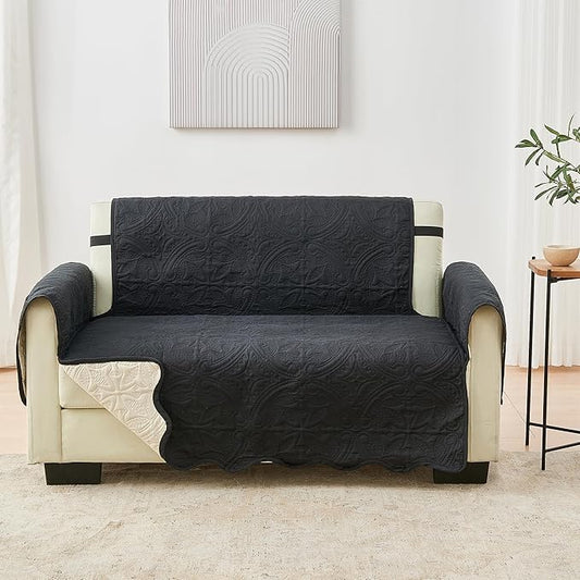 Great Bay Home Reversible Loveseat Cover - Washable Slipcover Furniture Protector with Elastic Straps - Perfect for Kids & Pets - Quilted & Stitched Detail (Black/Taupe)