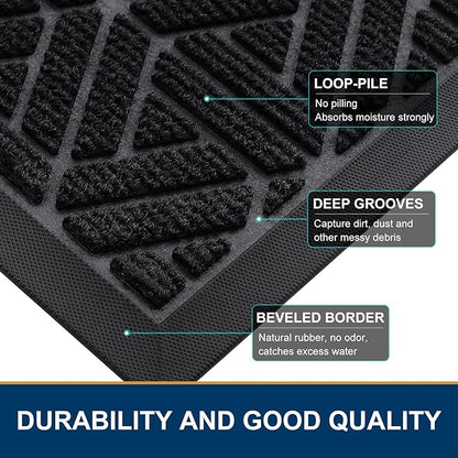 Smiry Front Door Mat Outside Entrance, Heavy Duty Sturdy Natural Rubber Doormat, Trap Dirt and Moisture, Easy Clean Low Profile Mats for Indoor Outdoor Entry, Grid Geometric (47x23, Black)