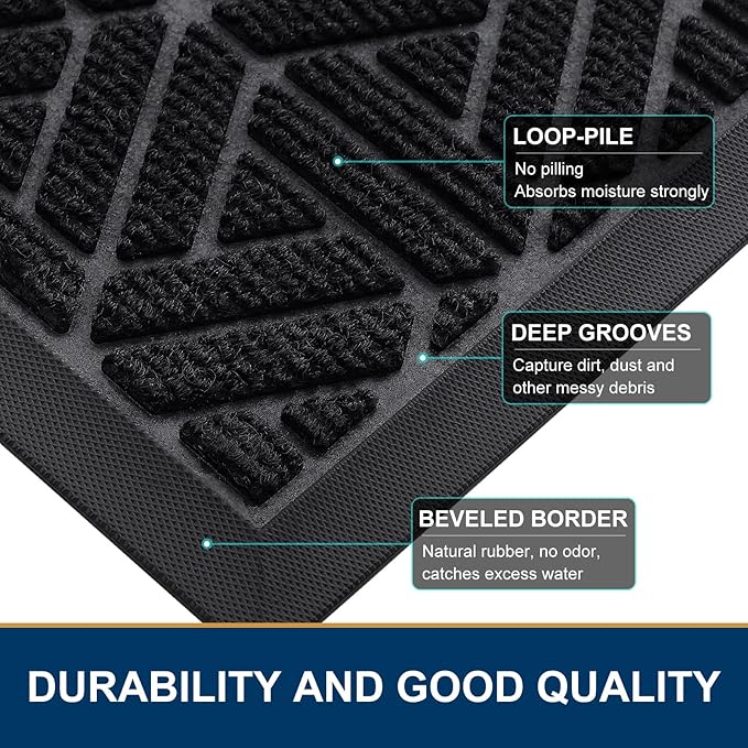 Smiry Front Door Mat Outside Entrance, Heavy Duty Sturdy Natural Rubber Doormat, Trap Dirt and Moisture, Easy Clean Low Profile Mats for Indoor Outdoor Entry, Grid Geometric (71x23, Black)