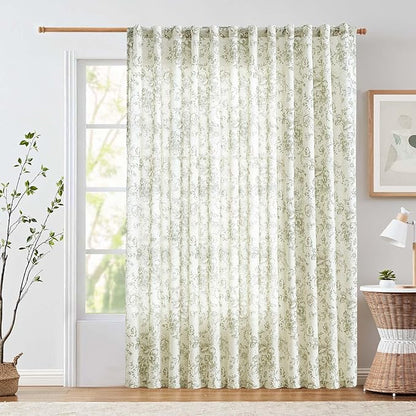 jinchan Linen Floral Curtains 100 Inch Extra Wide for Patio Sliding Glass Door Room Divider Curtain for Living Room 84 Inch Length Farmhouse Peony Green Printed Curtain Set 1 Panel