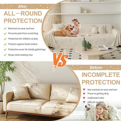 HANDONTIME Washable Couch Covers for Sofa Boho Couch Covers for 3 Cushion Sofa Pet Friendly Beige Chenille Jacquard Couch Protector for Dogs Plant Branch Sectional Cover Sofa Slipcovers, 71" X 150"