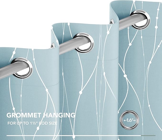 Deconovo Blackout Curtains, Thermal Insulated Soundproof Grommet Drapes, Wave Dot Foil Print, 52 x 45 Inch, Set of 2, Machine Washable Window Panel for Bedroom Living Room Nursery Kitchen, Light Blue