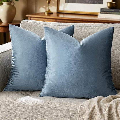 GIGIZAZA Decorative Throw Pillow Covers 16x16,Set of 2 Stone Blue Square Couch Pillow Covers,Velvet Sofa Boho Cushion Pillows