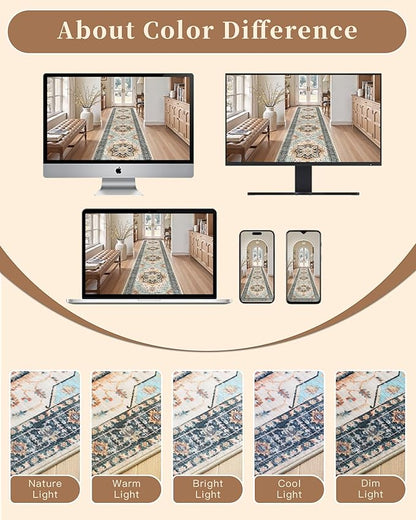 Madane Runner Rug 2x8, Washable Hallway Runner Rugs, Non-Slip Low-Pile Soft Kitchen Rug Runner Laundry Room Rug, Vintage Throw Entry Foyer Mat for Entrance Living Room (Orange/Blue, 2 x 8)