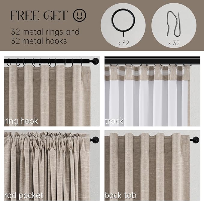 Topfinel 94 Inches Long Taupe Flax Custom Blackout Linen Curtains, Viral Ivory Pinch Pleated Noise Cancelling Curtains with Pin Hooks for Traverse, Burlap Viral Drapes 2 Panels for Living Room