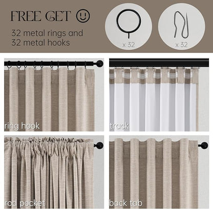 Extra Long Linen Blackout Curtains 132 Inches Long for Bedroom Farmhouse High Ceiling Mount Track Tall Curtain with Hooks Drapes for Sliding Glass Patio Doors 11ft 100% Black Out (W52 xL132 2Panels)