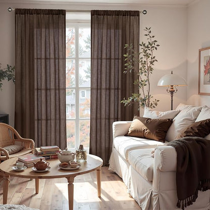 BGment 96 Inches Long Linen Curtains for Living Room, Brown Semi Sheer Window Drapes Rustic Textured for Farmhouse Beroom Dining Room Decor Rod Pocket Lightweight, 2 Panels Set, Each 52 Inch Wide