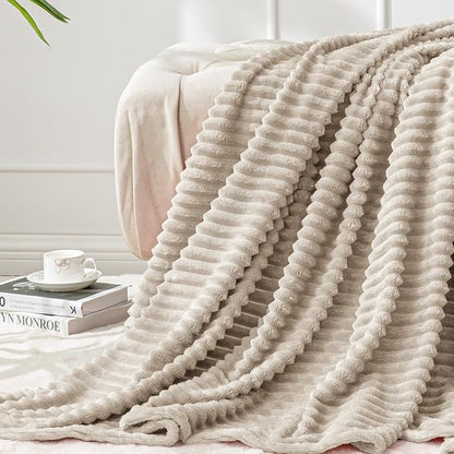 BEDELITE Fleece Blanket Twin Size – 3D Ribbed Jacquard Soft and Warm Decorative Fuzzy Blankets – Cozy, Fluffy, Plush Lightweight Throw Blankets for Couch, Bed, Sofa(Linen, 60x80 inches)
